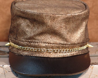 Steampunk Leather Gold Metallic  Kepi  Hat