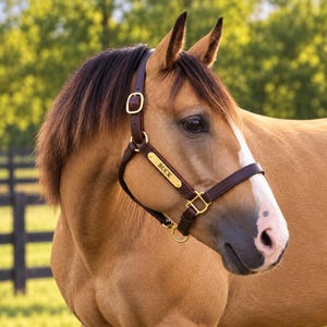 Peut inclure: Un cheval alezan avec une crini&egrave;re fonc&eacute;e portant un licol en cuir marron fonc&eacute; dot&eacute; d'une plaque signal&eacute;tique en m&eacute;tal dor&eacute; grav&eacute;e du nom BUCK. Le licol comprend des boucles et des anneaux en m&eacute;tal dor&eacute; pour le r&eacute;glage et la fixation.