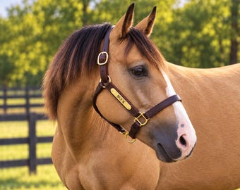 May include: A tan horse with a dark mane wearing a dark brown leather halter featuring a gold-colored metal nameplate engraved with the name BUCK. The halter includes gold-colored metal buckles and rings for adjustment and secure fastening.