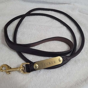 May include: A brown leather dog leash with a brass clasp and a brass nameplate that reads "TUCKER".