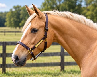 May include: A palomino horse wearing a dark brown leather halter with brass hardware and a rectangular brass nameplate attached to the cheek piece. The halter features adjustable buckles and a sturdy ring design, fitting securely around the horse's head.