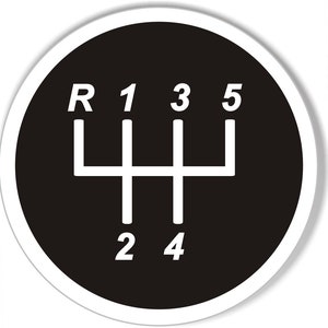 May include: A round sticker featuring a black background with a white gear shift pattern. The pattern includes the letters "R", and numbers "1, 2, 3, 4, 5". The sticker has a white border.