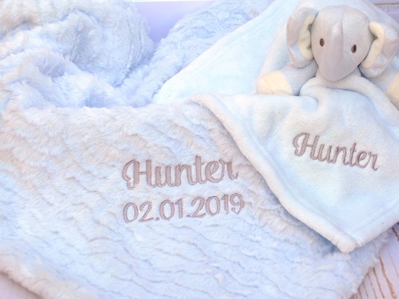 Personalised Baby Comforter Toy and Matching Wrap Set Beautiful Baby Shower Gift Blue Elephant Blue Blanket
