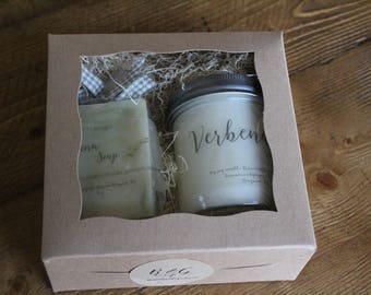 Gift box for women,verbena soap,verbena candle,Christmas gift,teacher gift,coworker gift,holiday hostess gift,candle gift set,soap gift set