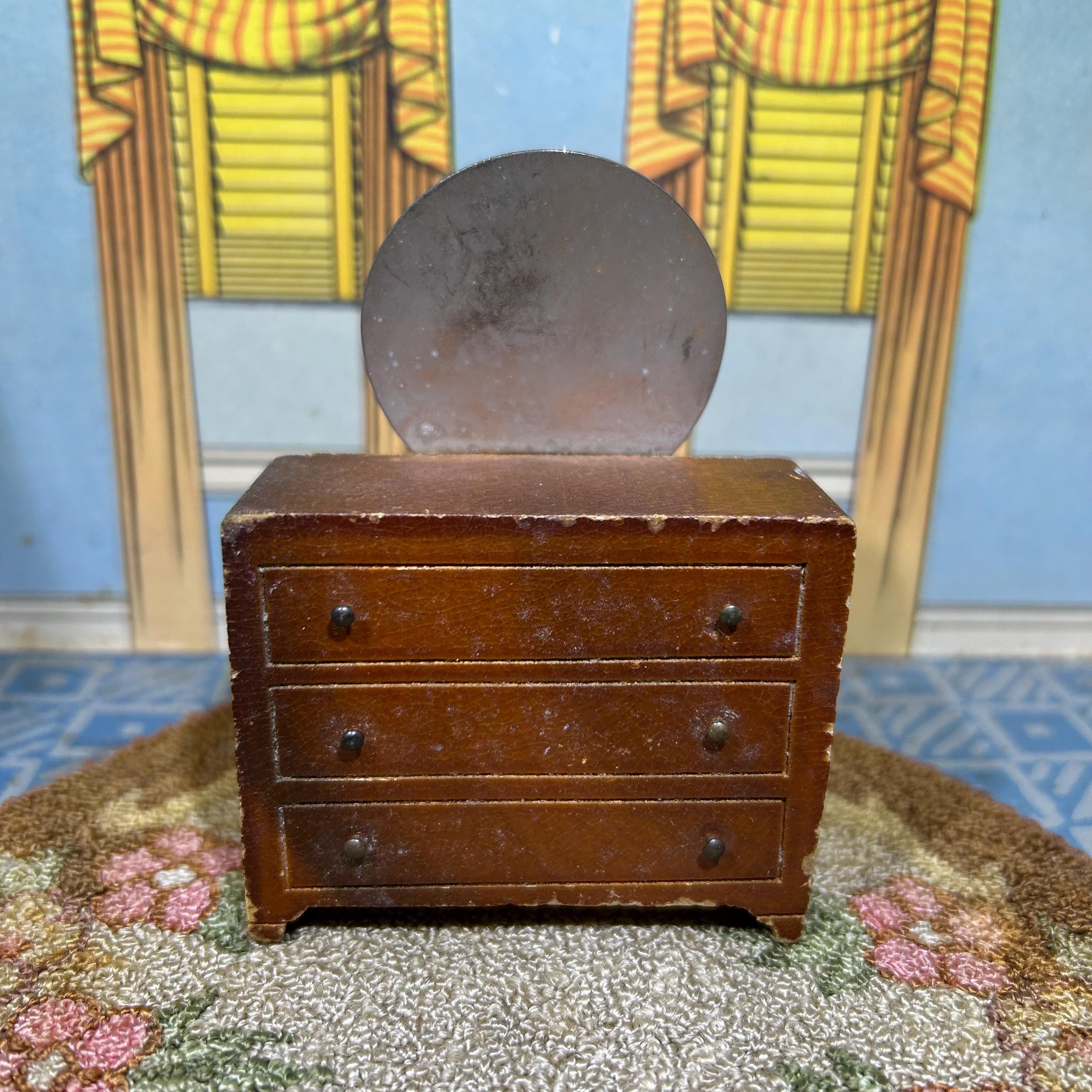 KAGE 1938-1948 Bedroom Mirrored Chest, Vintage Miniature Dollhouse Furniture, wood, fits Strombecker, Donna Lee, Nancy Forbes, Rich 1:16