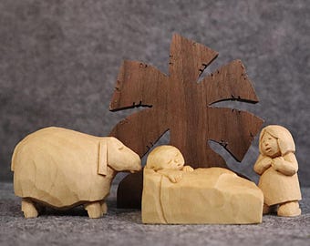 Crèche de Noël en bois sculpté à la main, Enfant Jésus endormi, design original