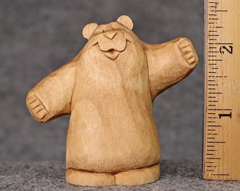 Single bear hug hand carved bear asking for a hug, original art made in America happy bear hug miniature made in USA woman artist Coffman