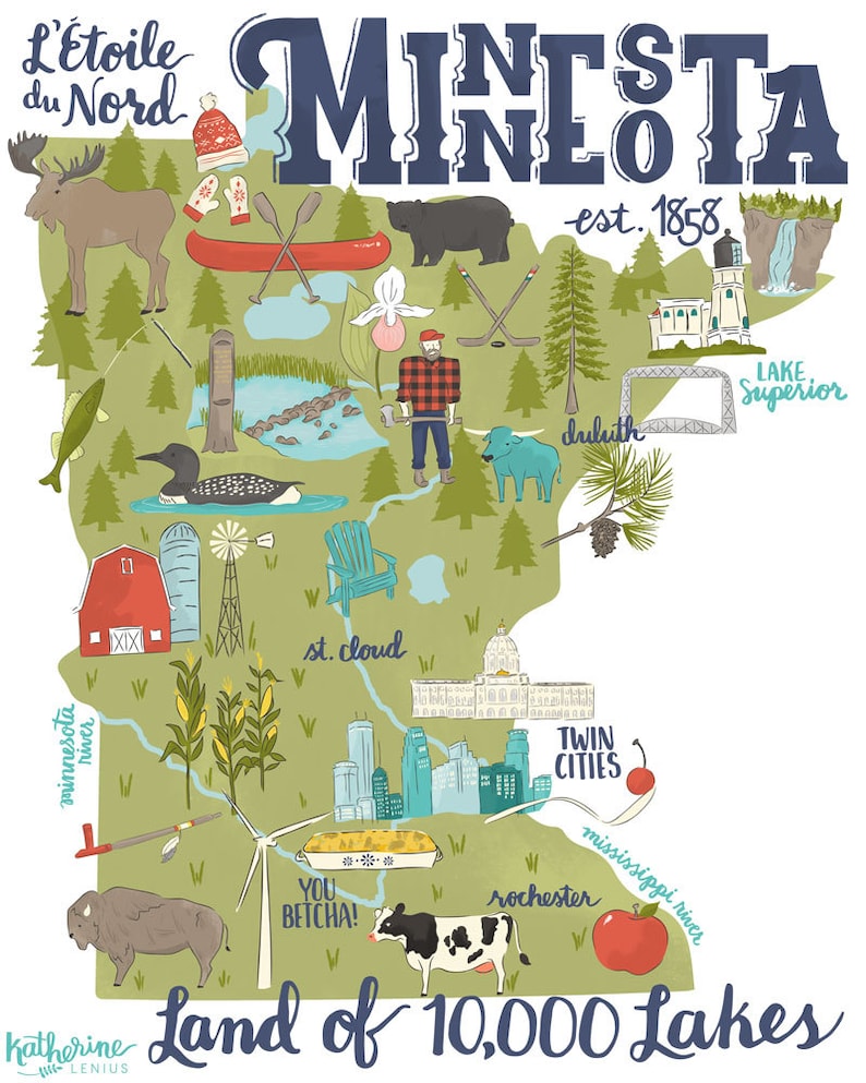 Land of 10000 Lakes Illustrated Minnesota Map Art Print  Etsy