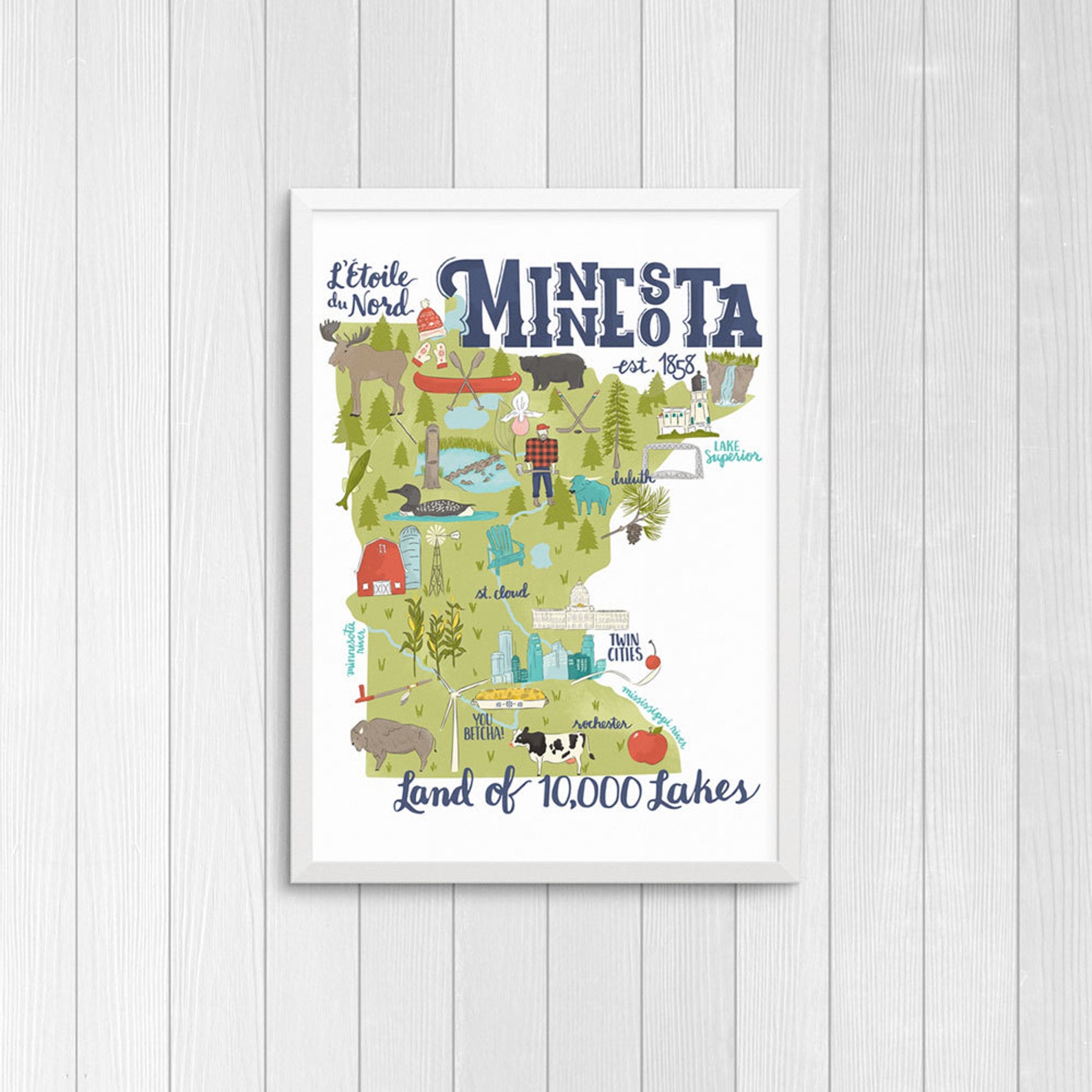Land of 10000 Lakes Illustrated Minnesota Map Art Print  Etsy