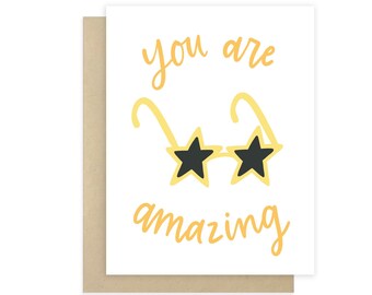 You Are Amazing Card | Yellow Star Sunglasses, Teacher Appreciation, Care Package, Congratulations, Friendship Card, Graduation Card