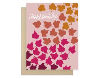 Card - Happy Birthday - Pink Fall Leaves | Autumn Leaves, Fall Weather, Sweater Weather, Pink Fuschia, September October November Birthday