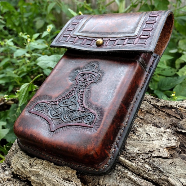 Handmade Norse leather belt pouch with Mjolnir engraving for phones and media devices