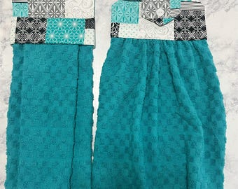 Teal Patch work Top  and Hanging Kitchen  towels, Hanging Towels ,Kitchen Hand Towels, Kitchen Tea Towels , Hanging Cup towel