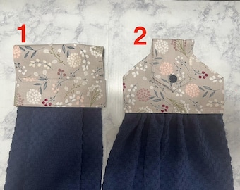 Hanging Kitchen Navy leaf and burgundy flowers Top Towels Button Top Kitchen Towels