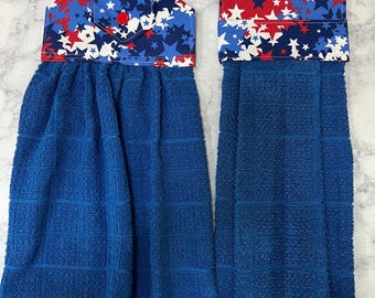 4 th of July Red ,White,Blue top blue towels and Hanging towels, Oven Door Towels ,Kitchen Hand Towels, Kitchen Towels , Hanging Cup towel