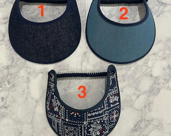 Dark Denim visor, Light Denim visor, Navy bandanna sun visor with fabric trimmed edges ,light weight Visor