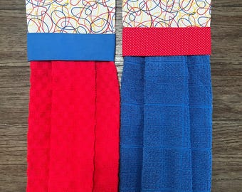 Red, Blue Top and Hanging Kitchen towels, Hanging Towels ,Kitchen Hand Towels, Kitchen Tea Towels , Hanging Cup towel