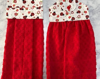 Ladybugs  White Top  and Hanging Kitchen towels,Hanging Towels ,Kitchen Hand Towels, Kitchen Tea Towels , Hanging Cup towel