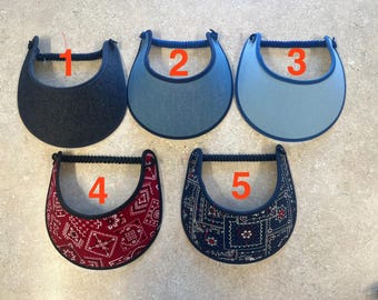 Dark Denim visor, Light Denim visor, Navy bandanna sun visor with fabric trimmed edges ,light weight Visor