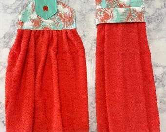 Coral , teal Top  and Hanging Kitchen towels, Hanging Towels ,Kitchen Hand Towels, Kitchen Tea Towels , Hanging Cup towel