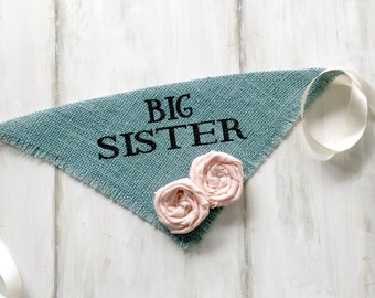 Big Sister Dog Bandana Slate Burlap Collar with Fabric Flowers Pregnancy Announcement Newborn Infant Photos