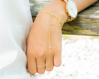 14K Gold Filled Ring Bracelet Cubic Zirconia Hand Chain Bachelorette Party Bride to Be Slave Bracelet Delicate Finger Bracelet Aesthetic Era