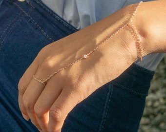 CZ Rose Gold Slave Bracelet Dainty Bridal Jewelry Delicate Hand Chain Bridesmaid Proposal Gift Aesthetic Finger Bracelet Vacation Jewelry