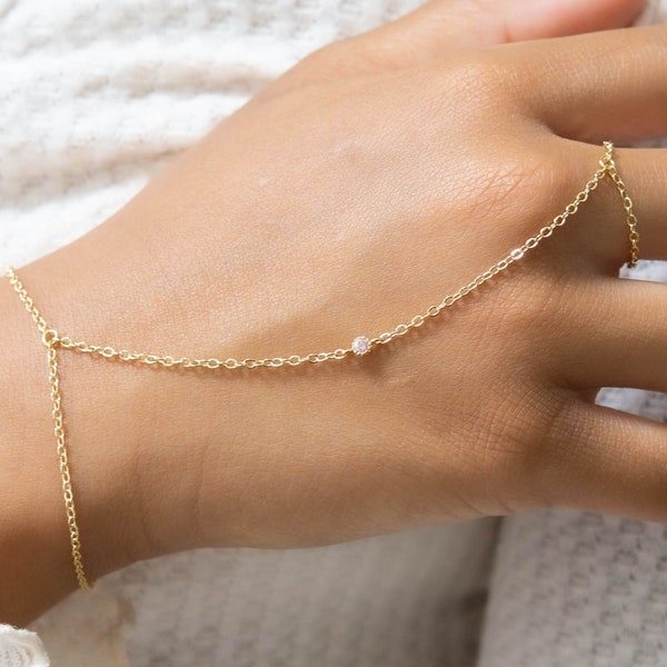 Pink Hand Chain Bracelet Boho Aesthetic 14K Gold Filled Ring Bracelet Waterproof Hand Harness Dainty Finger Bracelet Women Jewellery Present