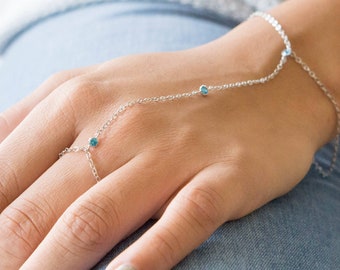 Sterling Silver Hand Chain 3 Blue CZ Fiancé Gift Sliver Hand Bracelet Aquamarine Ring Chain Gemstone Birthstone Slave Bracelet Pisces Aries