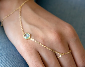 Gold Aquamarine Slave Bracelet Hand Bracelet Chain March Birthstone Bracelet Birthday Gift Ideas for Wife Hand Harness Bracelet Femme