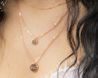 Layered Necklace Set, Multistrand Necklace, Rose Gold Necklaces, Personalised, Custom Disk, Jewelry Set, Satellite Chain, Best Friend, BFF