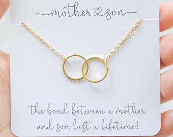 Mother Son Gold Interlocking Circle Necklace Gift Box, Mothers Day Gift from Son, Gold Infinity Necklace for Mother and Child, Mother in Law