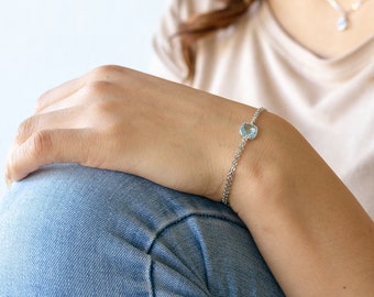 Silver Aquamarine Bracelet March Birthstone Jewelry Handmade Bracelets for Women Birthday Gifts for Her Moving Away Gift Double Chain