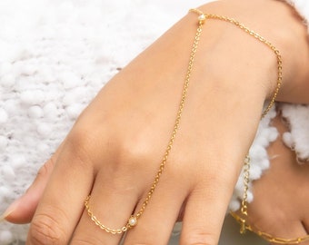 Gold Pearl Slave Bracelet June Birthstone Bracelet Christmas Gift for Bonus Daughter Gold Finger Bracelet Gold Hand Harness Gemini Gift