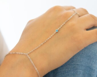 March Birthstone Silver Slave Bracelet, Aquamarine Chain Ring Bracelet, Hand Chain Bracelet, Boho Wedding Ring Bracelet, Friendship Bracelet