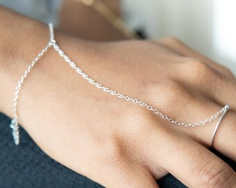 Sterling Silver Finger Bracelet 18th Birthday Gift Idea for Granddaughter Silver Slave Bracelet Ring Attached Body Chain Jewelry