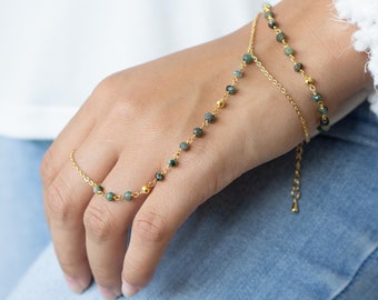 Emerald & Gold Pyrite Rosary Hand Chain Bracelet Gold May Birthstone Jewelry Green Gemstone Calm Bracelet Dainty Ring Bracelet New Mom Gift