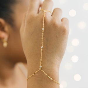 4 CZ Hand Chain Bracelet Delicate Slave Bracelet Wedding Day Gift for Bride from Groom Ring Finger Bracelet Dainty Gold Plated Hand Jewelry