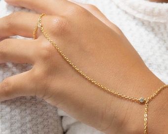 Bracciale a catena a mano con CZ riempito in oro 14K Matrimonio Boho Gioielli delicati Dichiarazione Bracciale con zirconi cubici Bracciale in oro rosa Damigella d'onore Sposa Giorno delle nozze