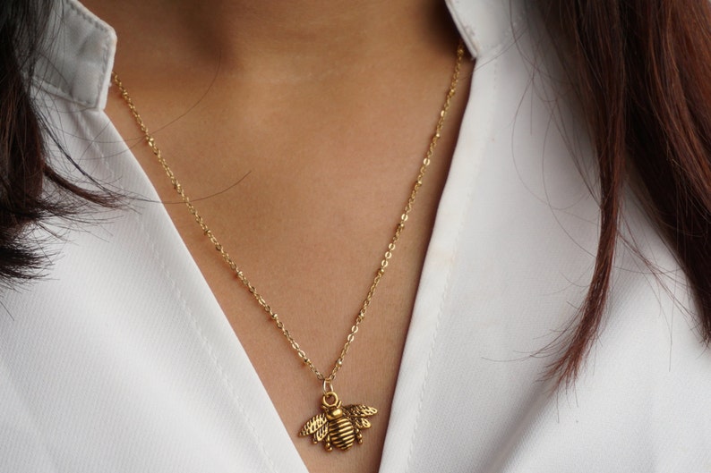 Gold Honey Bee Necklace Beaded Gold Necklace Gold Satellite Etsy