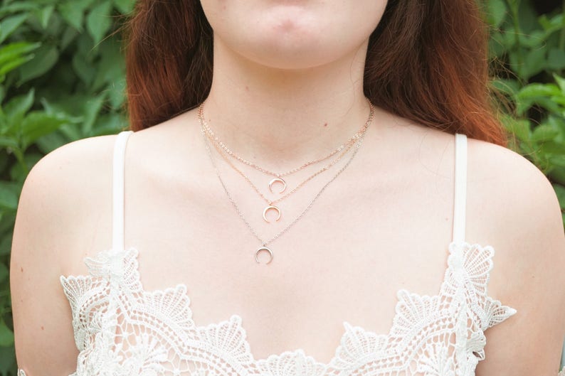 Mothers Day Half Moon Necklace Minimalist Horn Necklace Rose Gold Necklace Upside Down Moon Silver Choker Gold Horn Necklace BFF