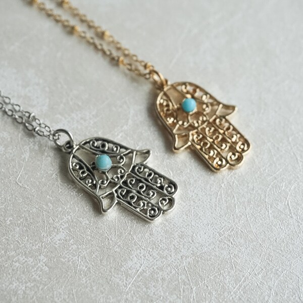 Hamsa Necklace, Gold, Silver, Satellite Chain, Turquoise, Hand of Fatima, Protection Jewelry, Religious, Boho, Gypsy, Everyday, Filigree