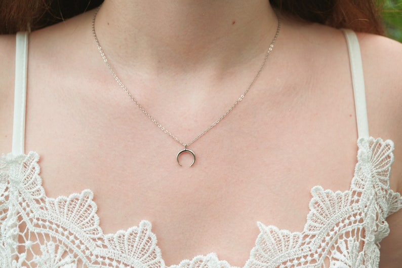 Mothers Day Half Moon Necklace Minimalist Horn Necklace Rose Gold Necklace Upside Down Moon Silver Choker Gold Horn Necklace BFF