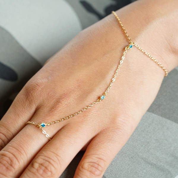 Gold & Blue CZ Slave Bracelet Finger Bracelet Handlet Gypsy Bracelet Thin Gold Bracelet Ring Chain Bracelet Wedding Gift Summer BFF