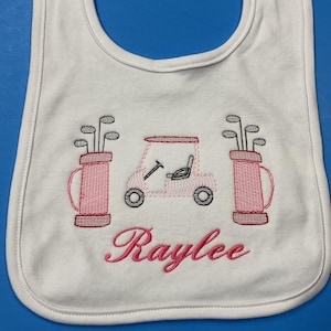 Personalized Golf Baby Bib: Embroidered Cart & Clubs