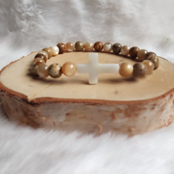 Bracelet en coquillage Trochus et jaspe paysage 6mm croix en nacre