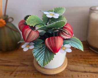 Book Page Strawberry Plant Pot | Cottagecore Botanical Decor | Handmade Paper Art Gift for Book Lovers