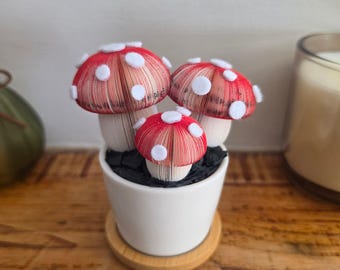 Book Page Toadstool Trio Pot | Cottagecore Mushroom Decor | Handmade Fairy Garden Gift for Book Lovers
