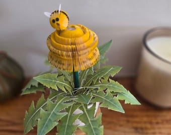 Book Page Dandelion & Bee Pot | Cottagecore Flower Decor | Handmade Paper Art Gift for Book and Bee Lovers