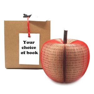 May include: A decorative apple sculpture crafted from folded book pages with red-tinted edges and a brown stem, positioned next to a square brown cardboard gift box featuring a white tag tied with a red ribbon that reads Your choice of book.